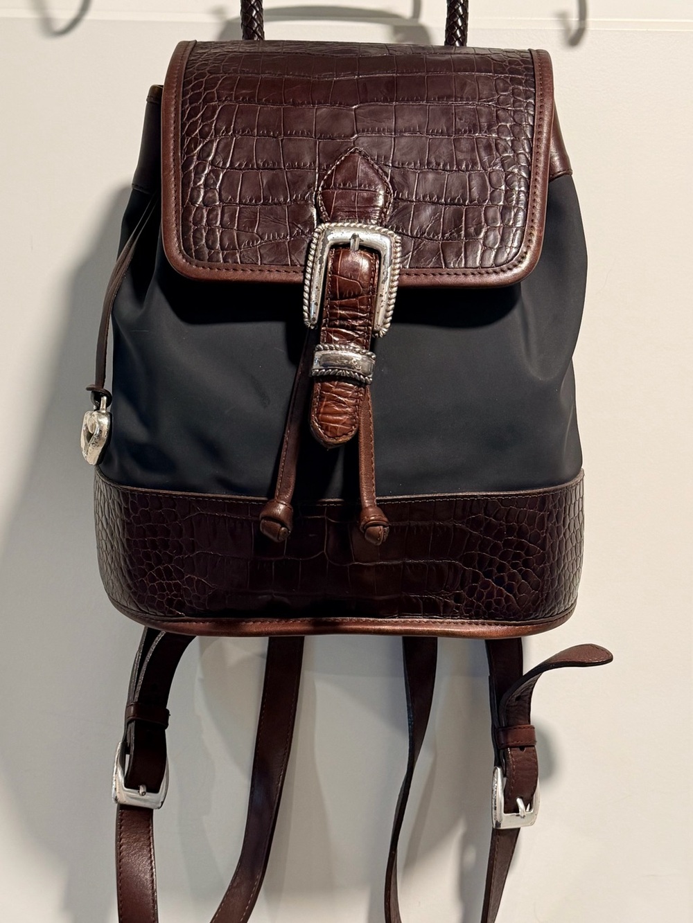 Vintage Brighton Monica Mixed Media Nylon Croc Leather Western Backpack Purse